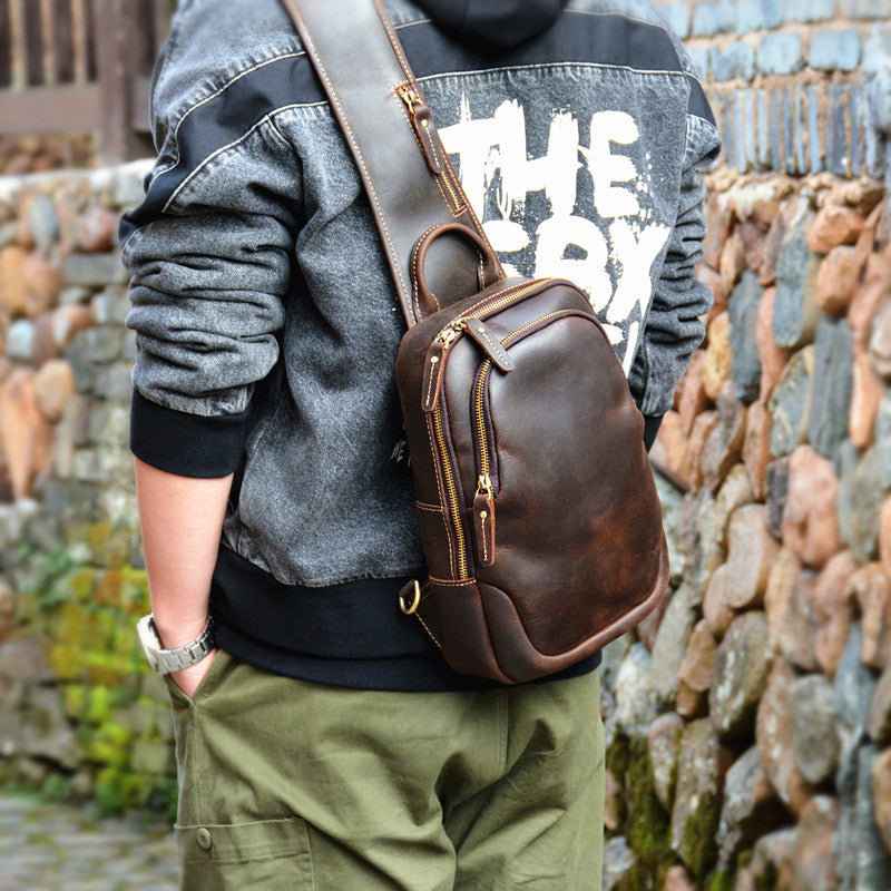 Best Coffee Leather Men's Sling Bag Chest Bag Vintage One shoulder Backpack For Men