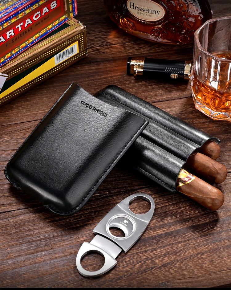 Best Leather Mens 3pcs Cigar Case With Cutter Cool Leather Cigar Cases for Men