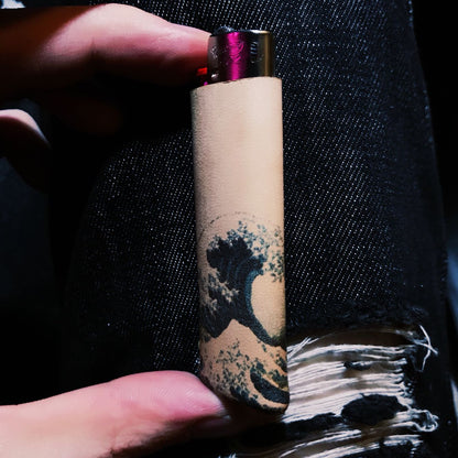 Bic Leather Lighter Case The Great Wave of Kanagawa Leather Bic Lighter Holder Leather Bic Lighter Covers For Men