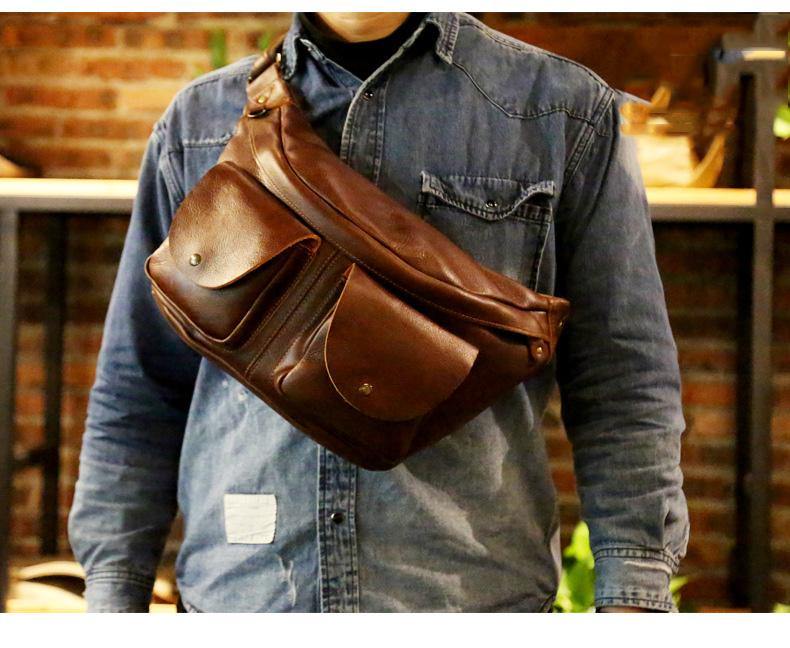 Black Leather Mens Fanny Pack Hip Packs Sling Bag Waist Bags for Men