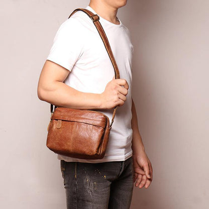 Black Leather Small Zipper Messenger Bag Courier Bag Brown Postman Bag For Men