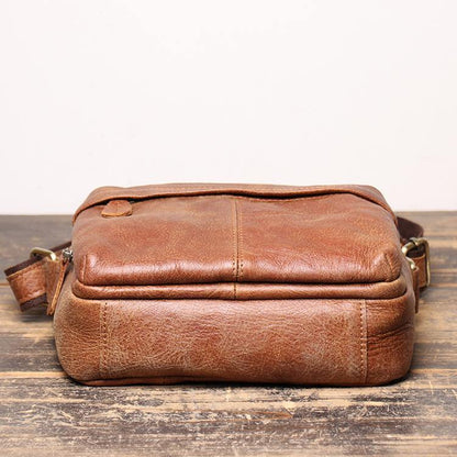 Black Leather Small Zipper Messenger Bag Courier Bag Brown Postman Bag For Men