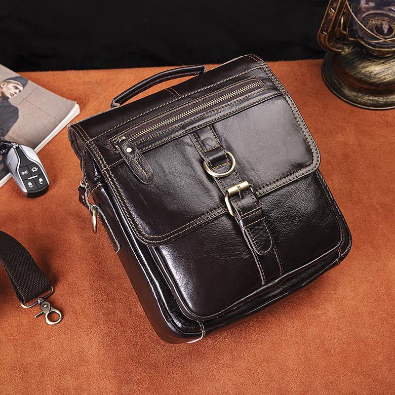 Black Leather Mens Small Vertical Messenger Bag Vertical Black Side Bags Small Handbag For Men