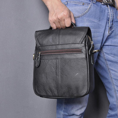 Black Leather Mens Small Vertical Messenger Bag Vertical Black Side Bags Small Handbag For Men