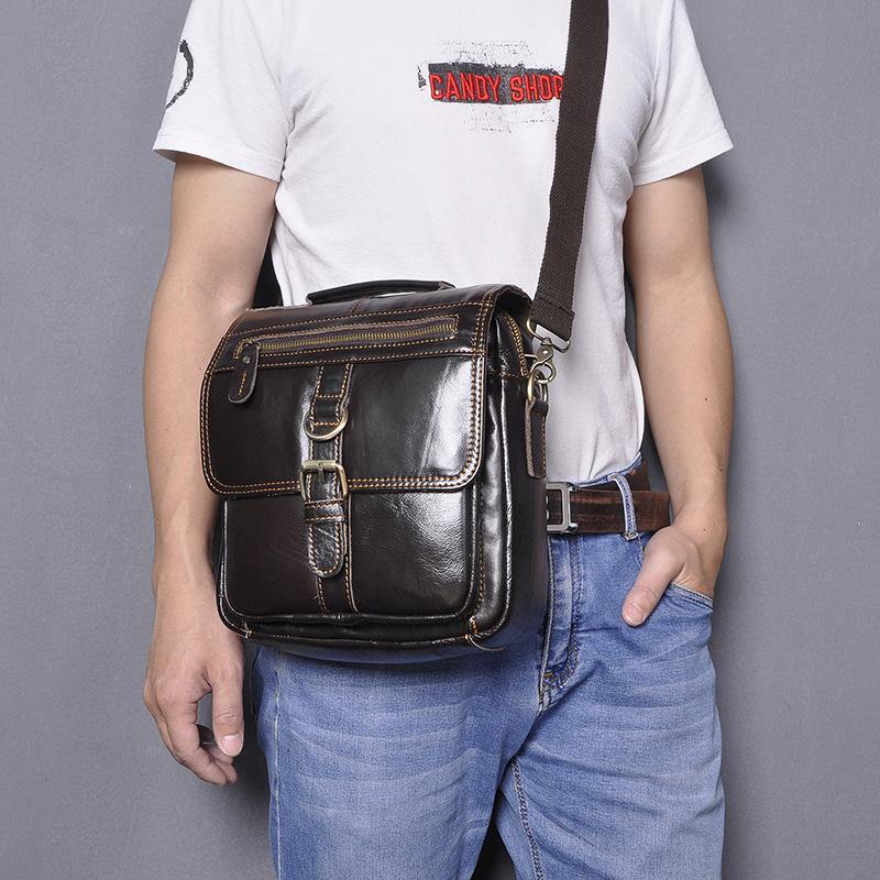 Black Leather Mens Small Vertical Messenger Bag Vertical Black Side Bags Small Handbag For Men