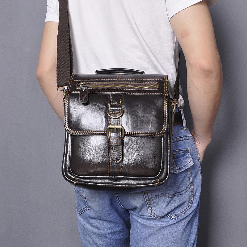 Black Leather Mens Small Vertical Messenger Bag Vertical Black Side Bags Small Handbag For Men