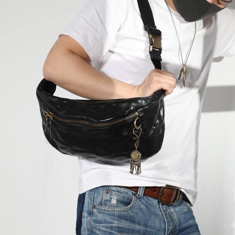 Black Cool Leather Men Fanny Pack Waist Bag Hip Pack Chest Bag Belt Bag Bumbag for Men