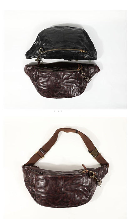 Black Cool Leather Men Fanny Pack Waist Bag Hip Pack Chest Bag Belt Bag Bumbag for Men