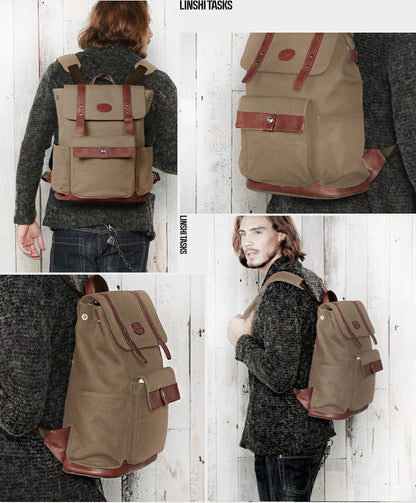 Black Fashion Canvas Leather Mens Laptop Backpack College Backpack Travel Backpack for Men
