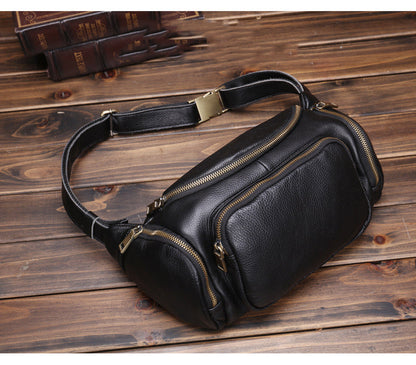 Black Large Capacity Leather Mens Fanny Packs Barrel Bum Bags Cool Waist Bag for Men