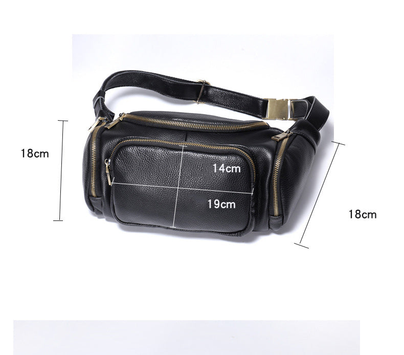 Black Large Capacity Leather Mens Fanny Packs Barrel Bum Bags Cool Waist Bag for Men