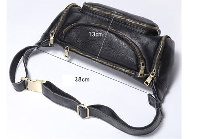 Black Large Capacity Leather Mens Fanny Packs Barrel Bum Bags Cool Waist Bag for Men