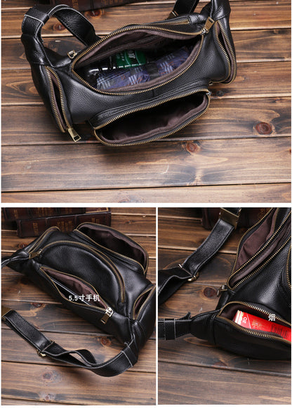 Black Large Capacity Leather Mens Fanny Packs Barrel Bum Bags Cool Waist Bag for Men