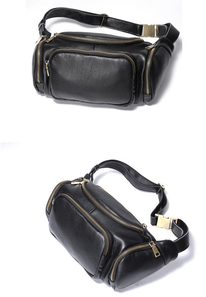 Black Large Capacity Leather Mens Fanny Packs Barrel Bum Bags Cool Waist Bag for Men