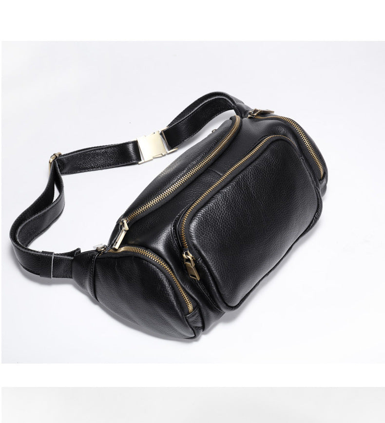 Black Large Capacity Leather Mens Fanny Packs Barrel Bum Bags Cool Waist Bag for Men