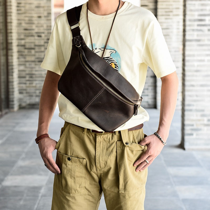 Large Leather Fanny Pack Coffee Leather Sling Bag Sling Large Crossbody Packs Hip Pack For Men