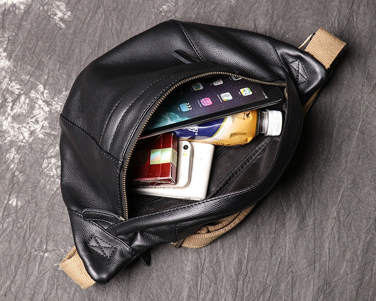 Black Leather Fanny Pack Chest Bag Leather Sling Bag Sling Crossbody Packs Hip Pack For Men