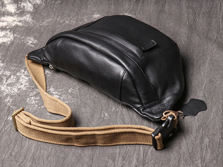 Black Leather Fanny Pack Chest Bag Leather Sling Bag Sling Crossbody Packs Hip Pack For Men