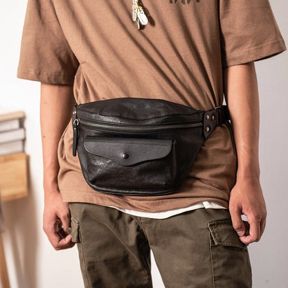 Black Leather Fanny Pack Men's Black Chest Bag Hip Pack Ipad Mini Waist Bag For Men