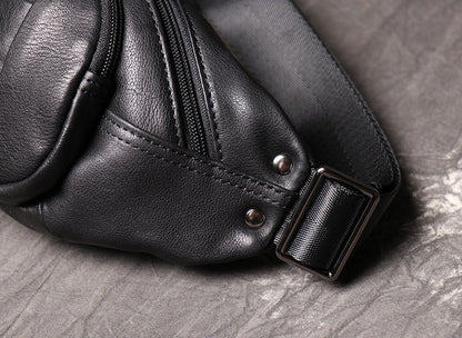 Black Leather Fanny Pack Men's Black Chest Bag Hip Pack Phone Waist Bag For Men