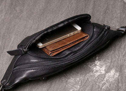 Black Leather Fanny Pack Men's Black Chest Bag Hip Pack Phone Waist Bag For Men