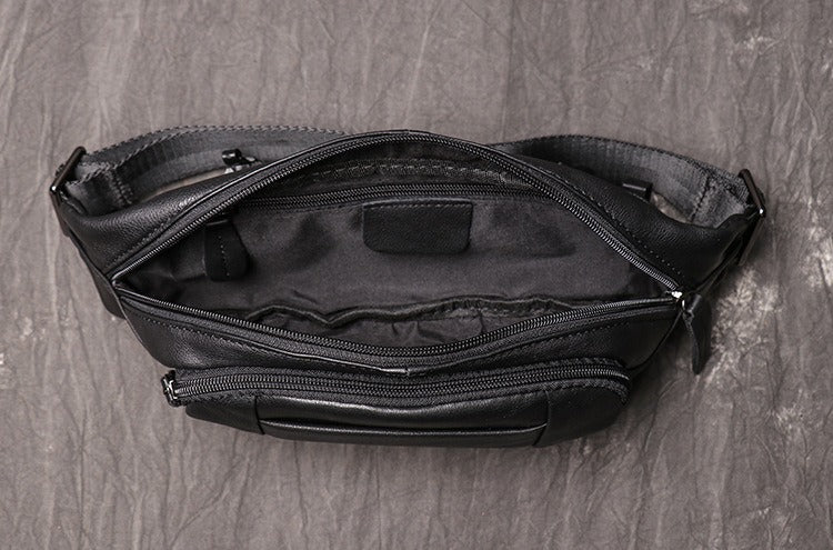 Black Leather Fanny Pack Men's Black Chest Bag Hip Pack Phone Waist Bag For Men