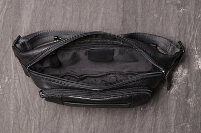 Black Leather Fanny Pack Men's Black Chest Bag Hip Pack Phone Waist Bag For Men