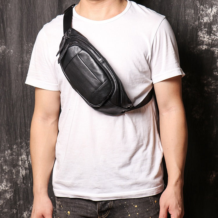 Black Leather Fanny Pack Men's Black Chest Bag Hip Pack Phone Waist Bag For Men