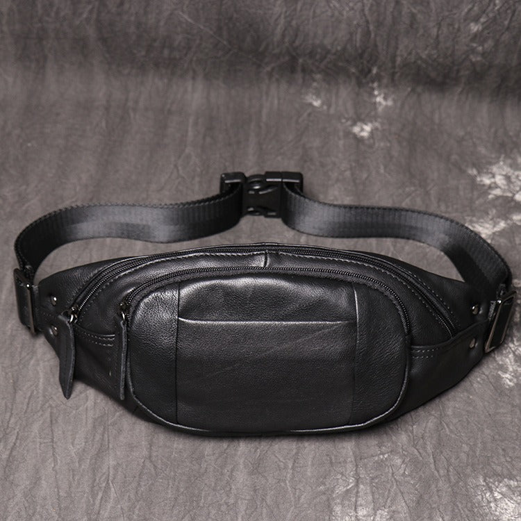 Black Leather Fanny Pack Men's Black Chest Bag Hip Pack Phone Waist Bag For Men