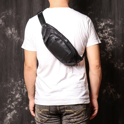 Black Leather Fanny Pack Men's Black Chest Bag Hip Pack Phone Waist Bag For Men