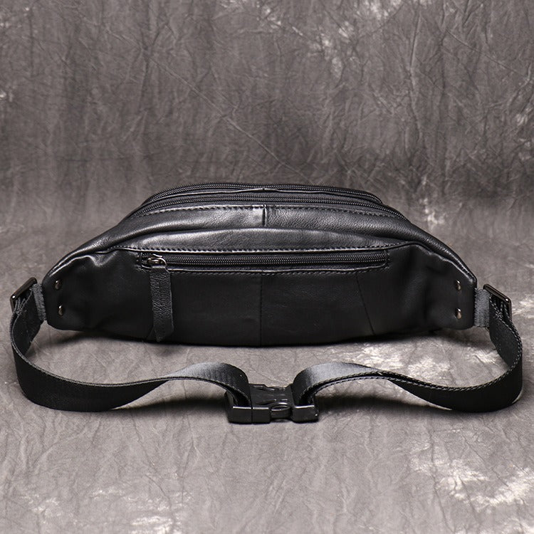 Black Leather Fanny Pack Men's Black Chest Bag Hip Pack Phone Waist Bag For Men