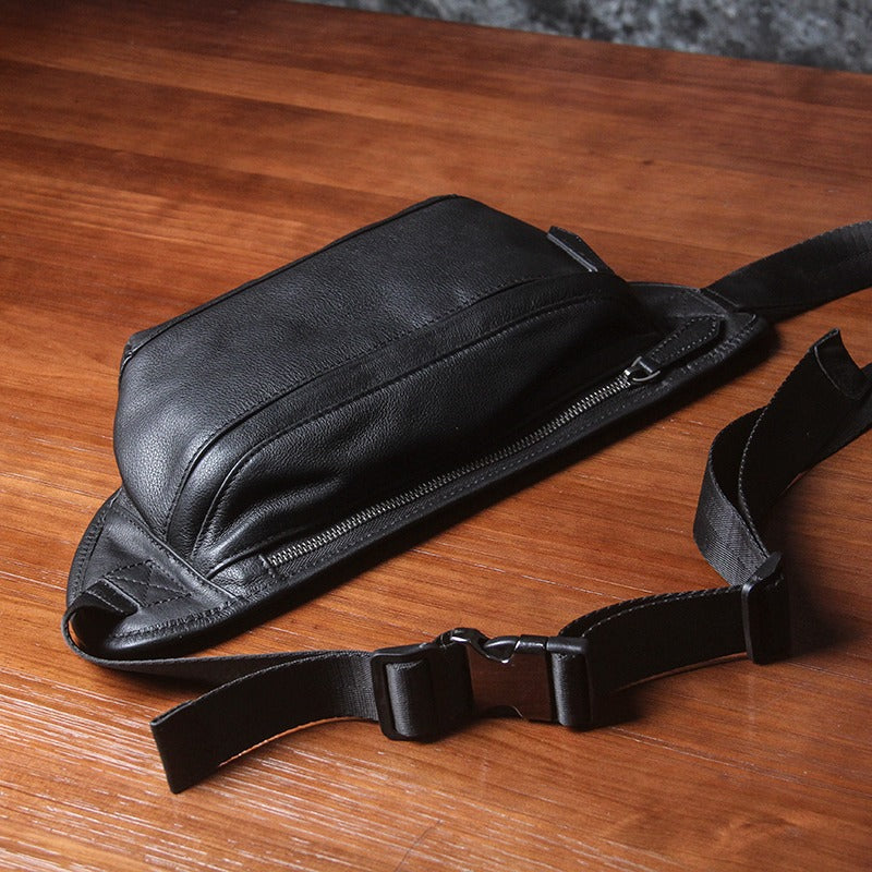 Black Leather Fanny Pack Men's Black Chest Bag Hip Pack Waist Bag For Men