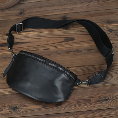 Black Leather Fanny Pack Small Men's Chest Bag Black Hip Pack Waist Bag For Men