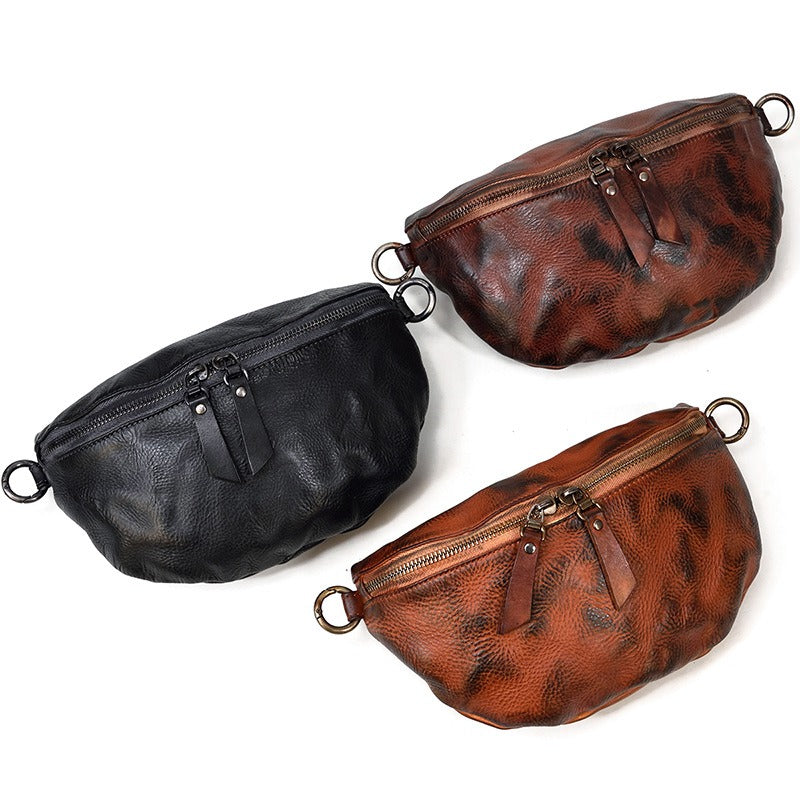 Black Leather Fanny Pack Small Men's Vintage Chest Bag Hip Pack Waist Bag For Men