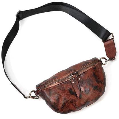 Black Leather Fanny Pack Small Men's Vintage Chest Bag Hip Pack Waist Bag For Men