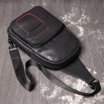 Black Leather Large Sling Bags Mens Cool Chest Bag Crossbody Packs Sling Pack for Men