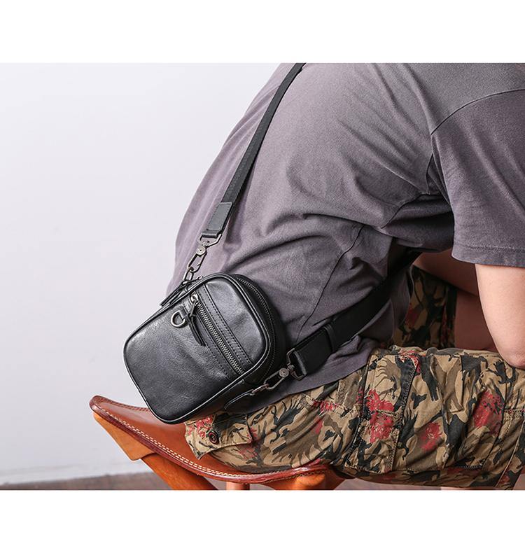 Black Leather MENS Small Vertical Side Bag Black MIni Messenger Bag Mobile Bag For Men