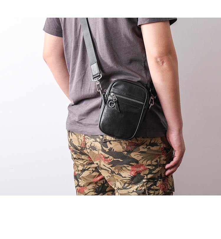 Black Leather MENS Small Vertical Side Bag Black MIni Messenger Bag Mobile Bag For Men