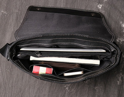 Black Leather Mens Courier Bag Black Side Bag Casual iPad Messenger Bag For Men