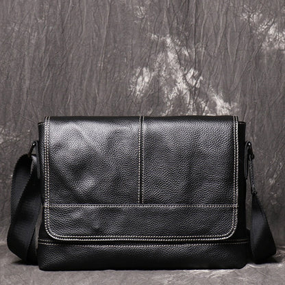 Black Leather Mens Courier Bag Black Side Bag Casual iPad Messenger Bag For Men