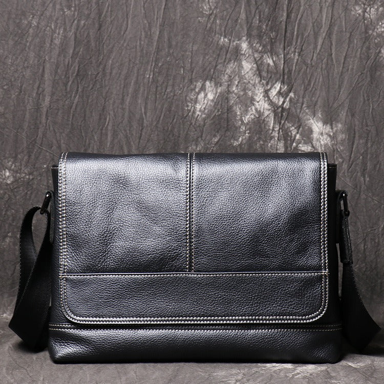 Black Leather Mens Courier Bag Black Side Bag Casual iPad Messenger Bag For Men