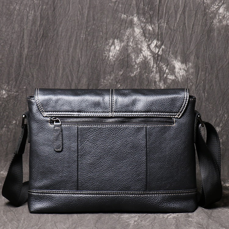 Black Leather Mens Courier Bag Black Side Bag Casual iPad Messenger Bag For Men