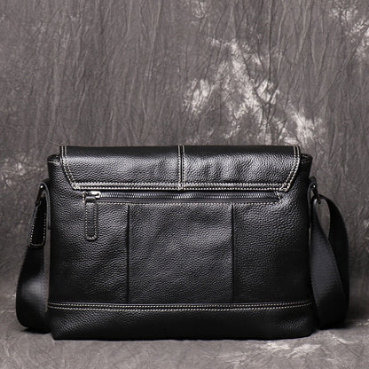 Black Leather Mens Courier Bag Black Side Bag Casual iPad Messenger Bag For Men