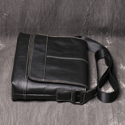 Black Leather Mens Courier Bag Black Side Bag Casual iPad Messenger Bag For Men