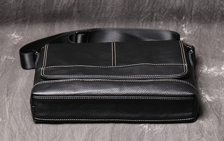 Black Leather Mens Courier Bag Black Side Bag Casual iPad Messenger Bag For Men