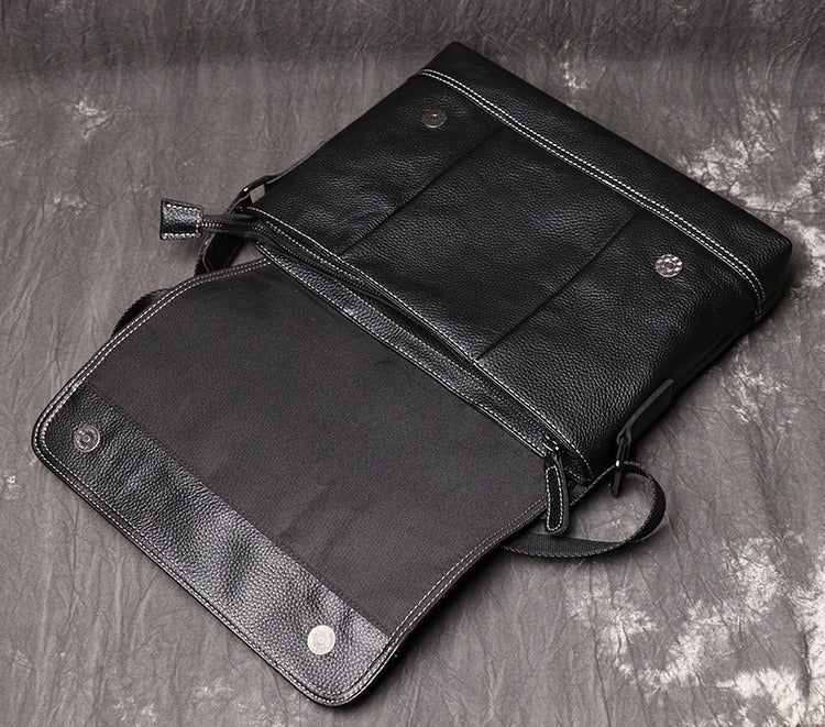 Black Leather Mens Courier Bag Black Side Bag Casual iPad Messenger Bag For Men