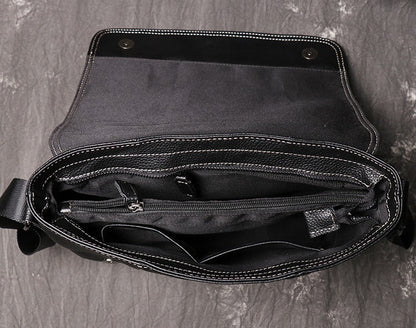 Black Leather Mens Courier Bag Black Side Bag Casual iPad Messenger Bag For Men