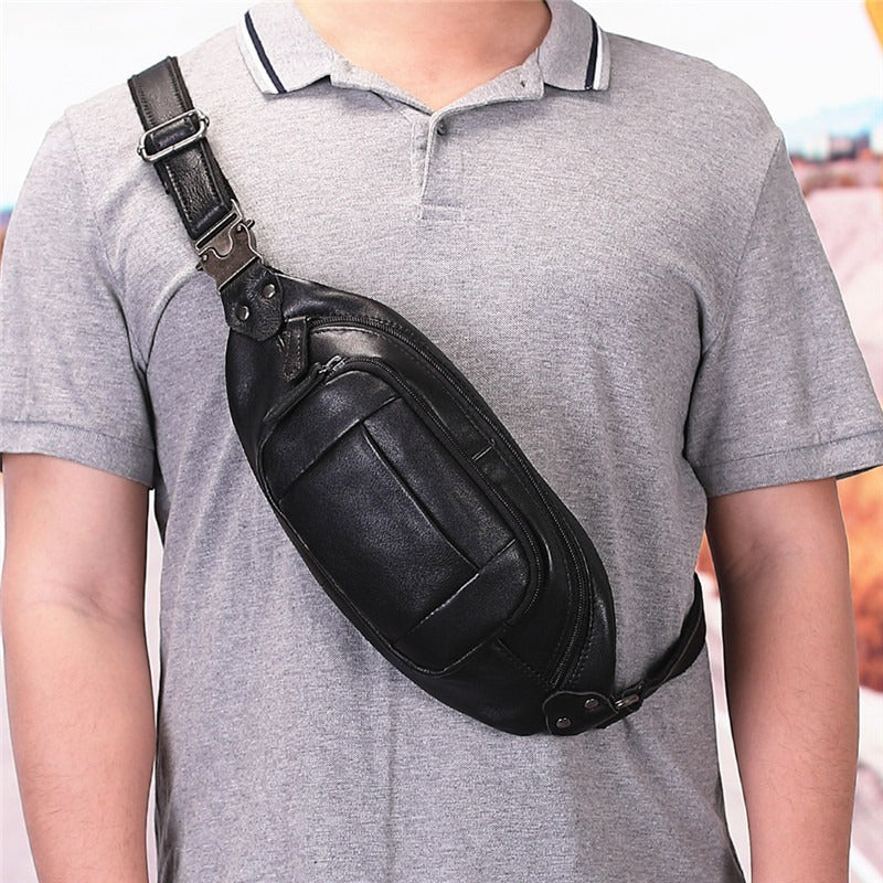 Black Leather Mens Fanny Pack Hip Packs Sling Bag Sling Pack Waist Bags for Men