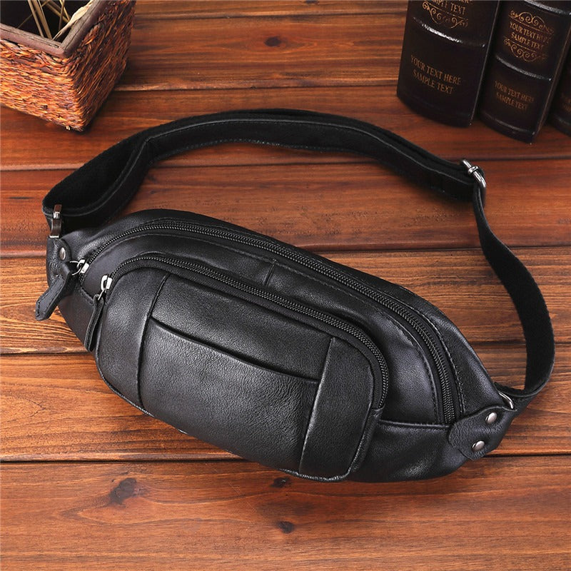 Black Leather Mens Fanny Pack Hip Packs Sling Bag Sling Pack Waist Bags for Men