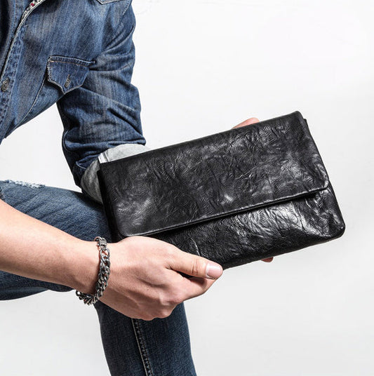 Black Leather Mens Flip Leather Wristlet Wallet Black Envelope Bag Clutch Wallet for Men